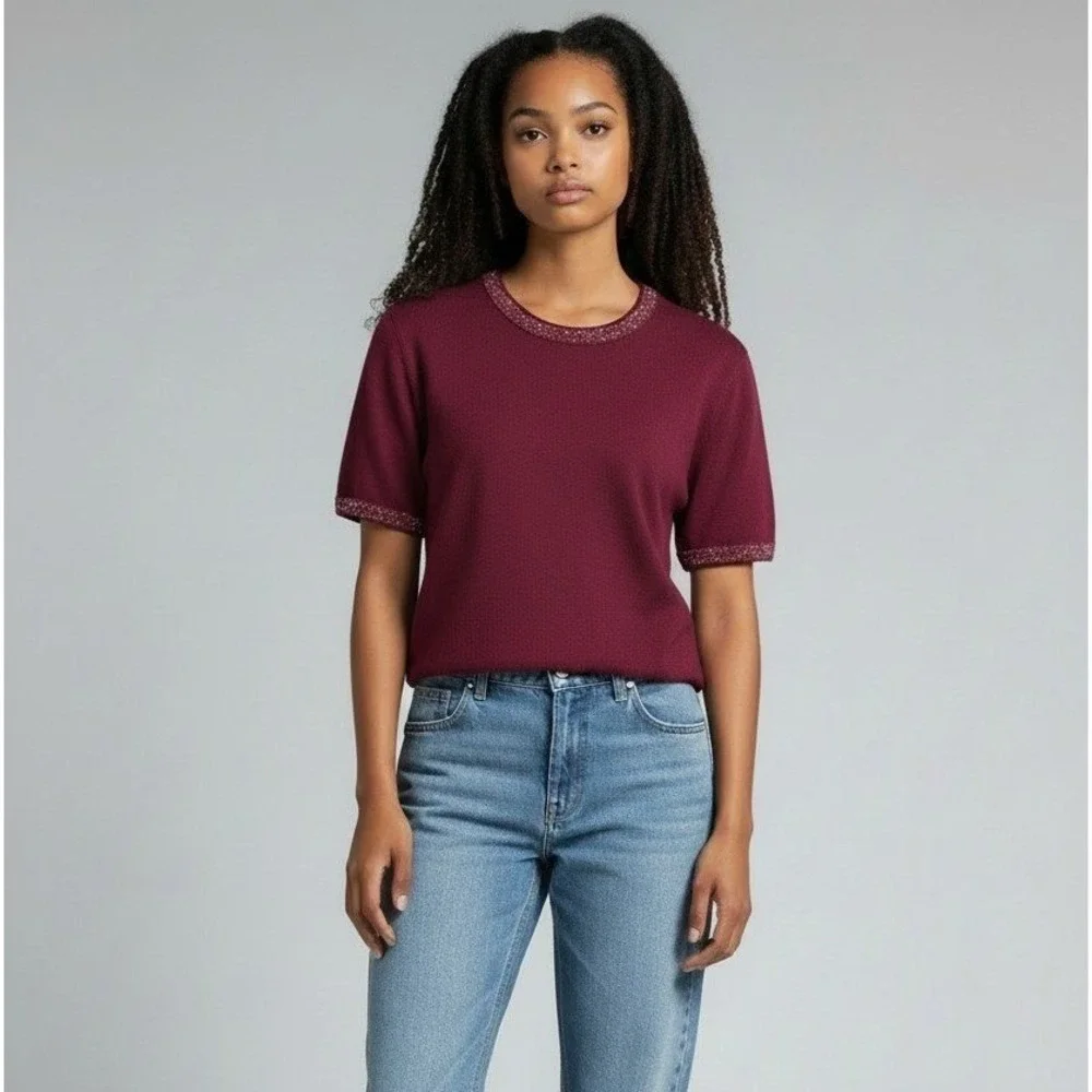 Nanette Lepore Merlot Sequin Trim Short Sleeve Knit‎ Sweater Woman Large NEW